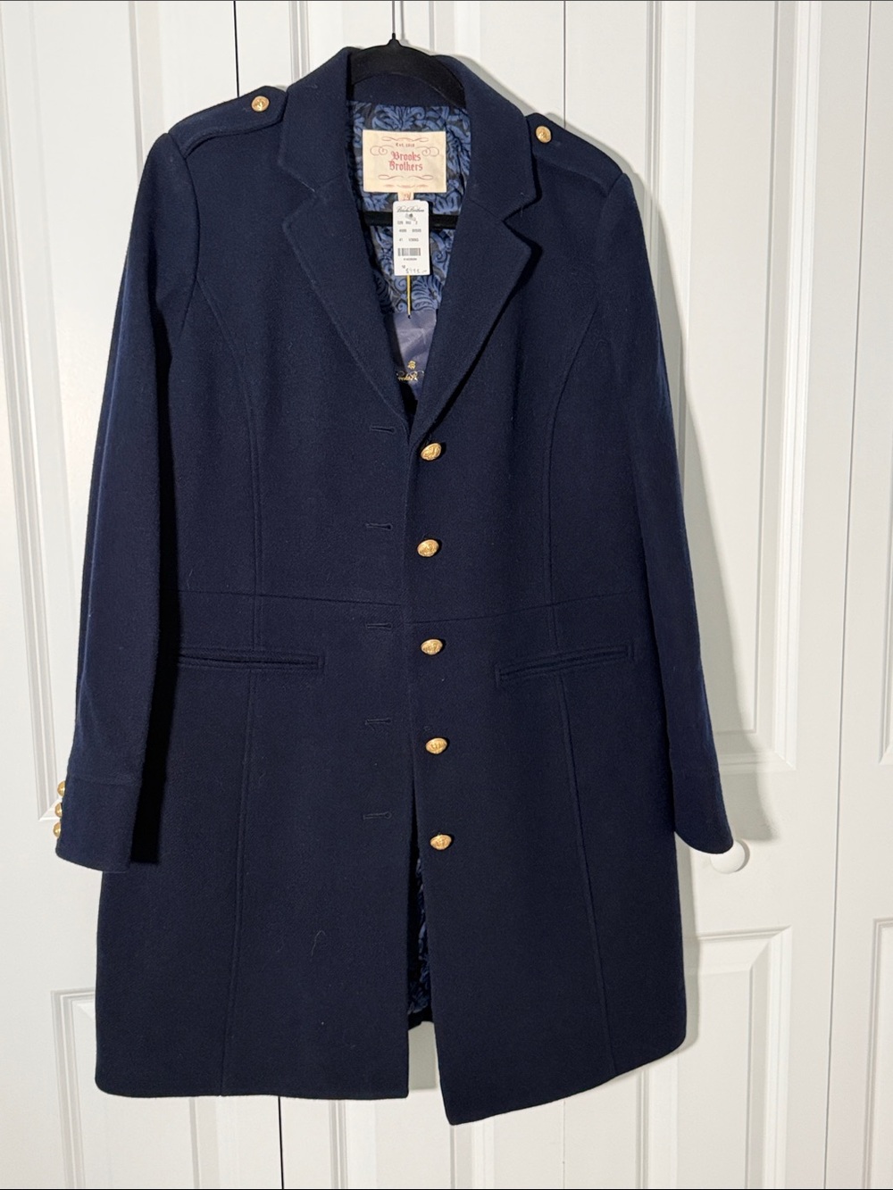 NWT Brooks Brothers Navy 100% Wool Military Coat Quilted Damask Lining 12